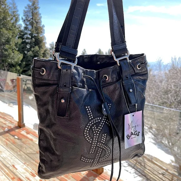 YSL: Studded Drawstring Leather Kahala Tote Bag - Picture 1 of 17